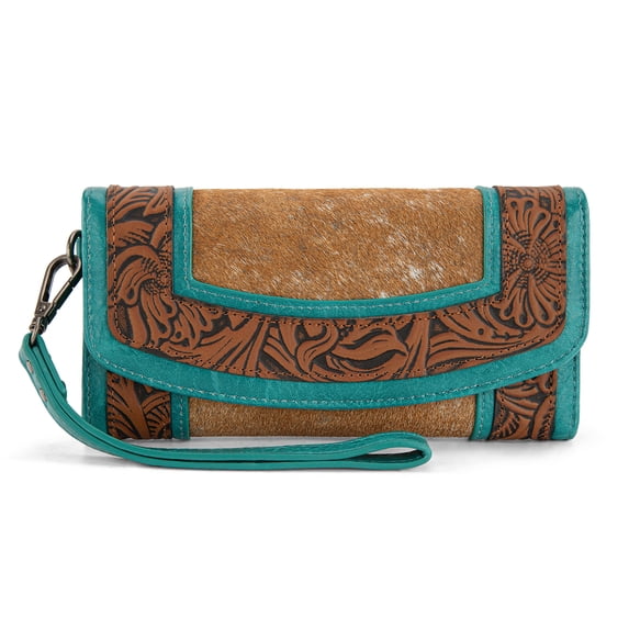 Montana West Wristlet Wallet for Women Western Floral Tooled Cowhide Large Trifold Purse with ID Window, Brown-Turquoise