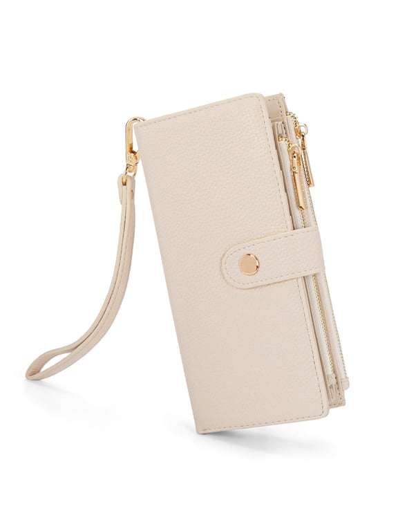 Women Wristlet Wallet Large Bifold Credit Card Holder Money Organizer, Beige