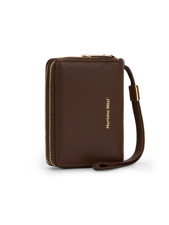 Small Wristlet Wallet for Women Western Vegan Leather RFID‑Blocking Card Purse, Coffee