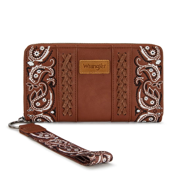 Wrangler Western Wallet for Women RFID Paisley Wristlet Purse with zipper, Brown