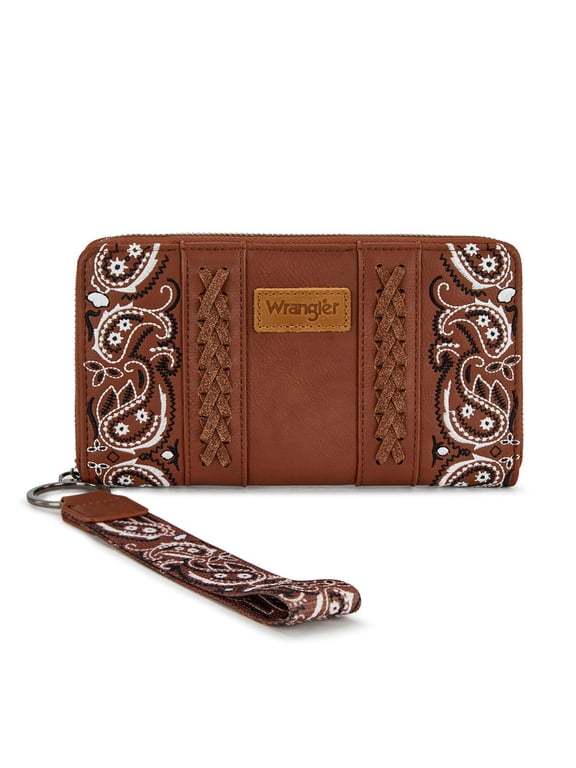 Wrangler Western Wallet for Women RFID Paisley Wristlet Purse with zipper, Brown