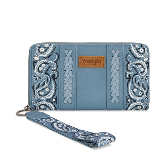 Wrangler Western Wallet for Women RFID Paisley Wristlet Purse with zipper, Jean