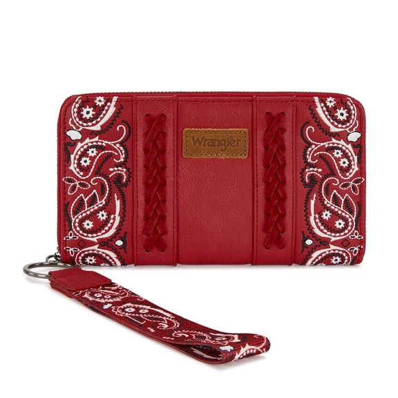Wrangler Western Wallet for Women RFID Paisley Wristlet Purse with zipper, Red