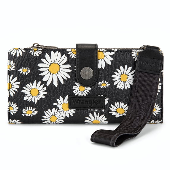 Wrangler Womens Wallet Small Rfid Blocking Wristlet Wallets Cute Bifold Ladies Wallet with Zipper Pocket, Daisy-Black