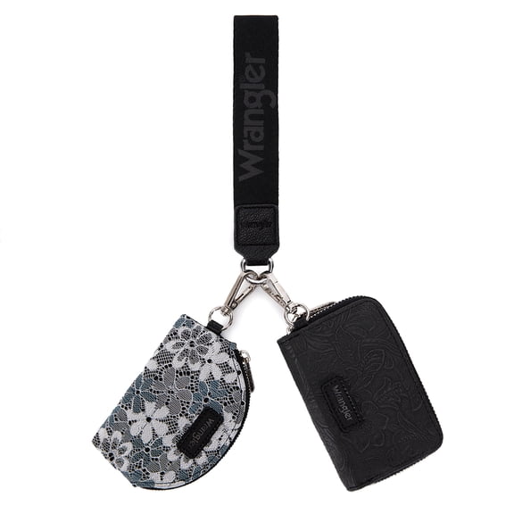 Wrangler Keychain Wallets for Women Lace Floral Dual‑Pouch Wristlet Purse, Black