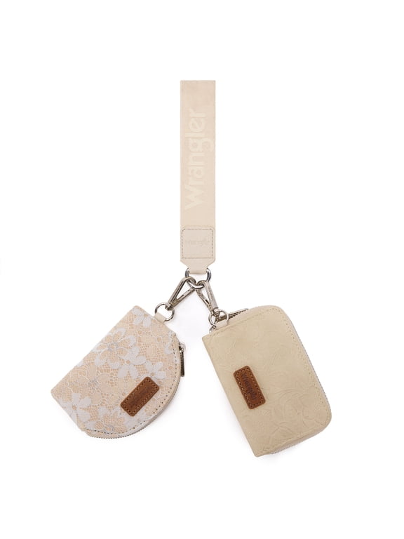 Wrangler Keychain Wallets for Women Lace Floral Dual‑Pouch Wristlet Purse, Tan