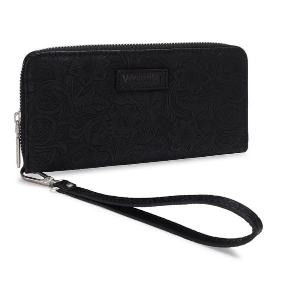 Wrangler Wallets for Women Western Dual‑Zipper Wristlet Clutch Compact Card Organizer, Black