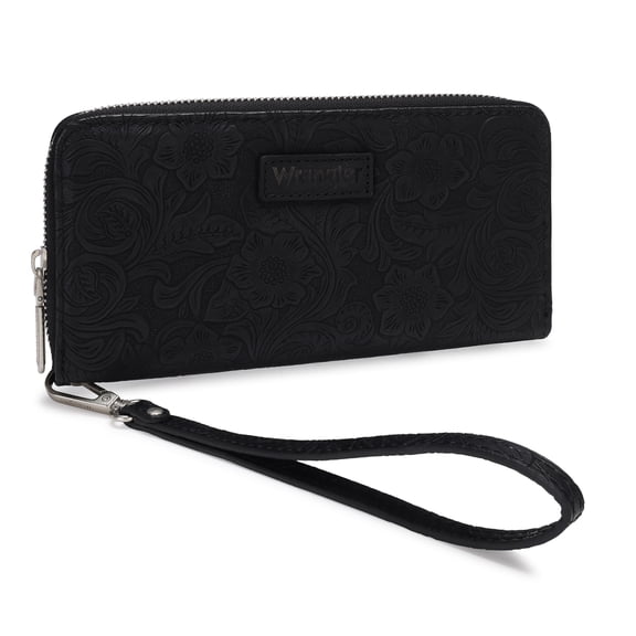 Wrangler Wallets for Women Western Dual‑Zipper Wristlet Clutch Compact Card Organizer, Black