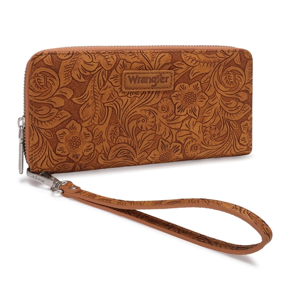 Wrangler Wallets for Women Western Dual‑Zipper Wristlet Clutch Compact Card Organizer, Brown