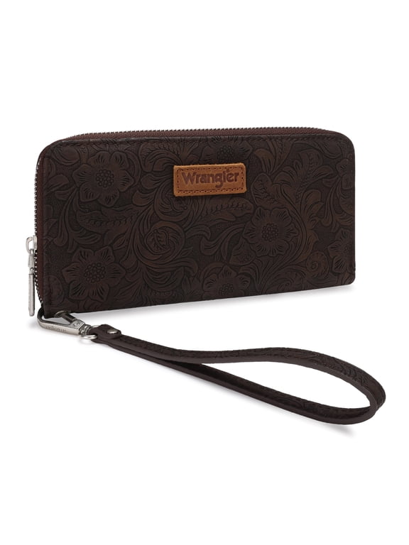 Wrangler Wallets for Women Western Dual‑Zipper Wristlet Clutch Compact Card Organizer, Coffee