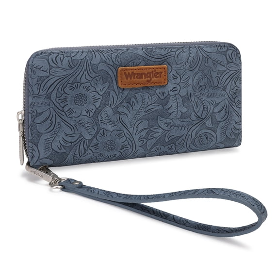 Wrangler Wallets for Women Western Dual‑Zipper Wristlet Clutch Compact Card Organizer, Jean