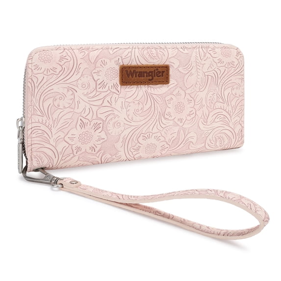 Wrangler Wallets for Women Western Dual‑Zipper Wristlet Clutch Compact Card Organizer, Pink