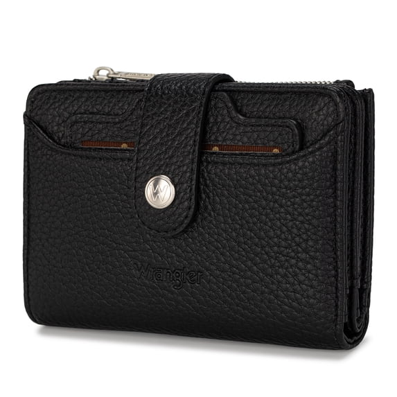 Wrangler Women Small Wallet Tri‑Fold RFID Blocking Credit Card Organizer with ID Window & Zipper Coin Pocket, Black