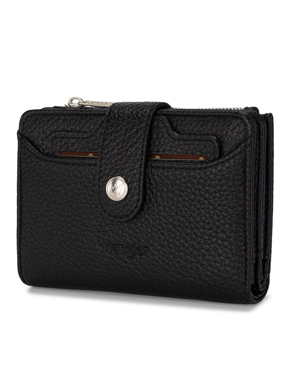 Wrangler Women Small Wallet Tri‑Fold RFID Blocking Credit Card Organizer with ID Window & Zipper Coin Pocket, Black