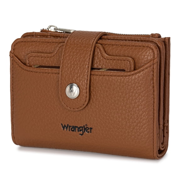 Wrangler Women Small Wallet Tri‑Fold RFID Blocking Credit Card Organizer with ID Window & Zipper Coin Pocket, Brown