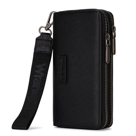 Wrangler Women Large Wallet Double Zip Wristlet RFID Phone Clutch Purse with Wrist Strap, Black