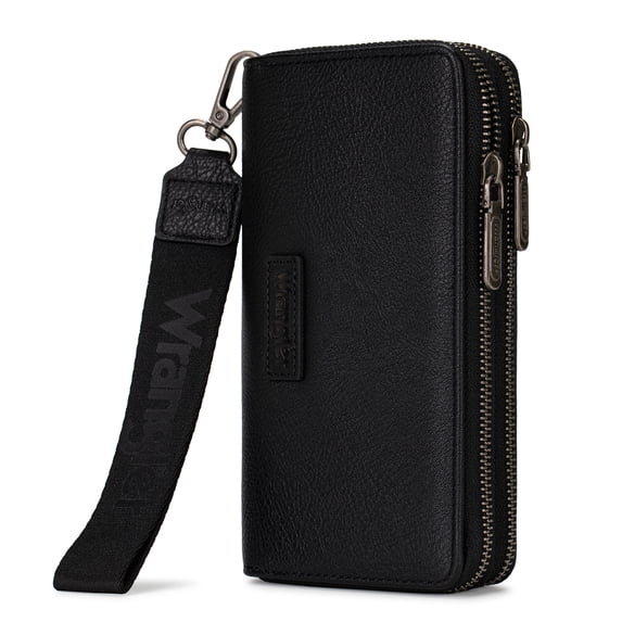 Wrangler Women Large Wallet Double Zip Wristlet RFID Phone Clutch Purse with Wrist Strap, Black