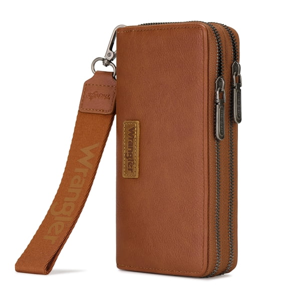 Wrangler Women Large Wallet Double Zip Wristlet RFID Phone Clutch Purse with Wrist Strap, Brown
