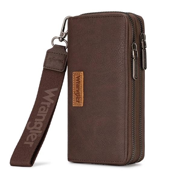 Wrangler Women Large Wallet Double Zip Wristlet RFID Phone Clutch Purse with Wrist Strap, Coffee