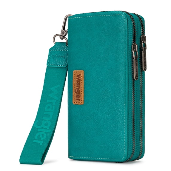 Wrangler Women Large Wallet Double Zip Wristlet RFID Phone Clutch Purse with Wrist Strap, Turquoise