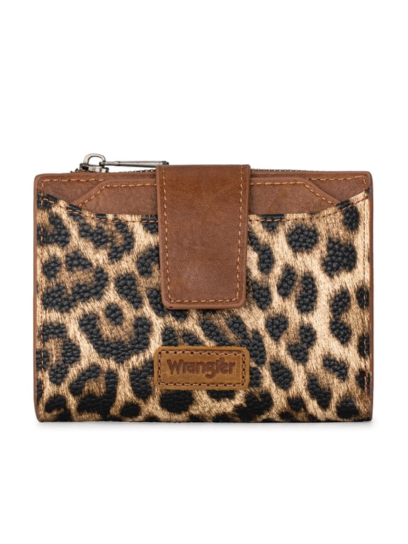 Wrangler Bifold Wallet Women Small RFID Blocking Wallet with Removable ID,Leopard-Brown