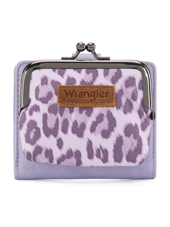 Wrangler Women's RFID-Blocking Leopard Print Wallet - Compact Bifold Credit Card Holder with Kiss Clasp, Purple
