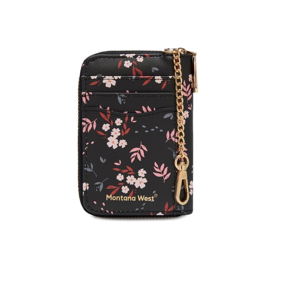 Montana West Small Wristlet Wallet for Women Western Floral Print Zipper Card Holder with Keychain, Black