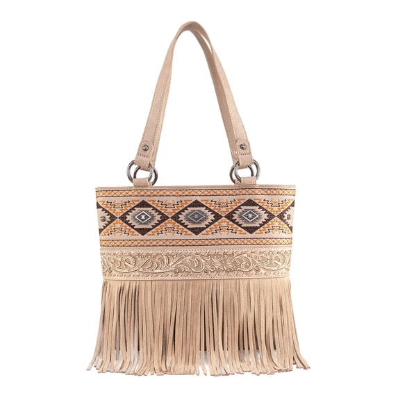 Montana West Western Fringe Tote Bag for Women Aztec Tooled Embroidery Shoulder Purse, Tan