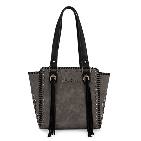 Montana West Western Tote Bag for Women Studded PU Leather Handbag with Fringe Tassel Fashion Medium Size Shoulder Purse Cowgirl Style Tote, Black
