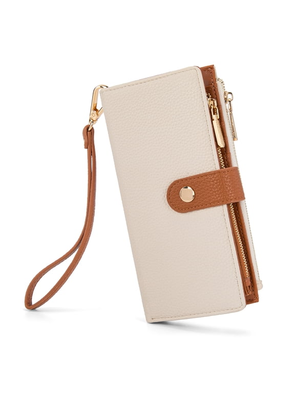Women Wristlet Wallet Large Bifold Credit Card Holder Money Organizer, Tan-Brown