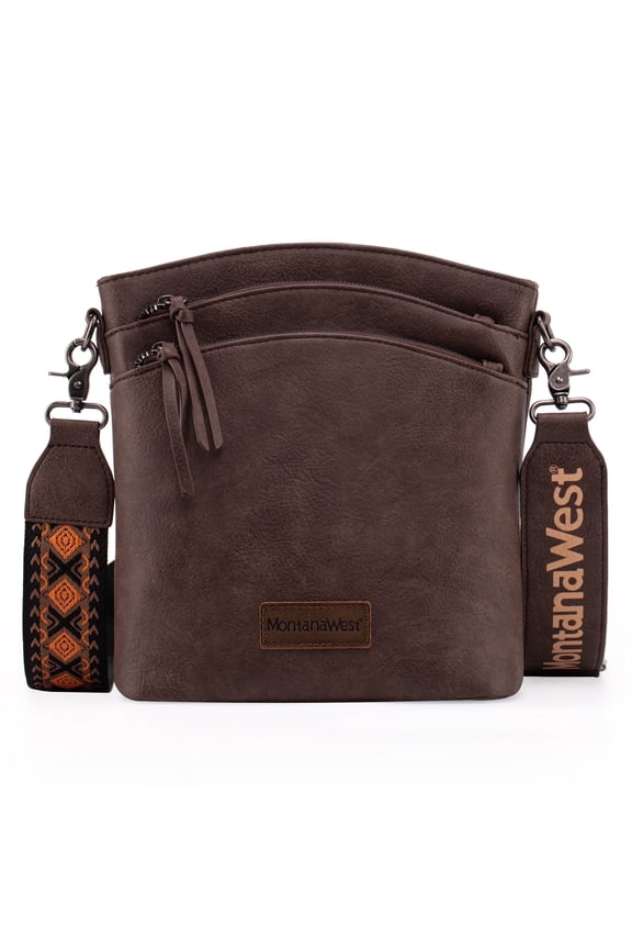 Multi Zip Pocket Large Crossbody Bag With Guitar Strap, Classic Coffee