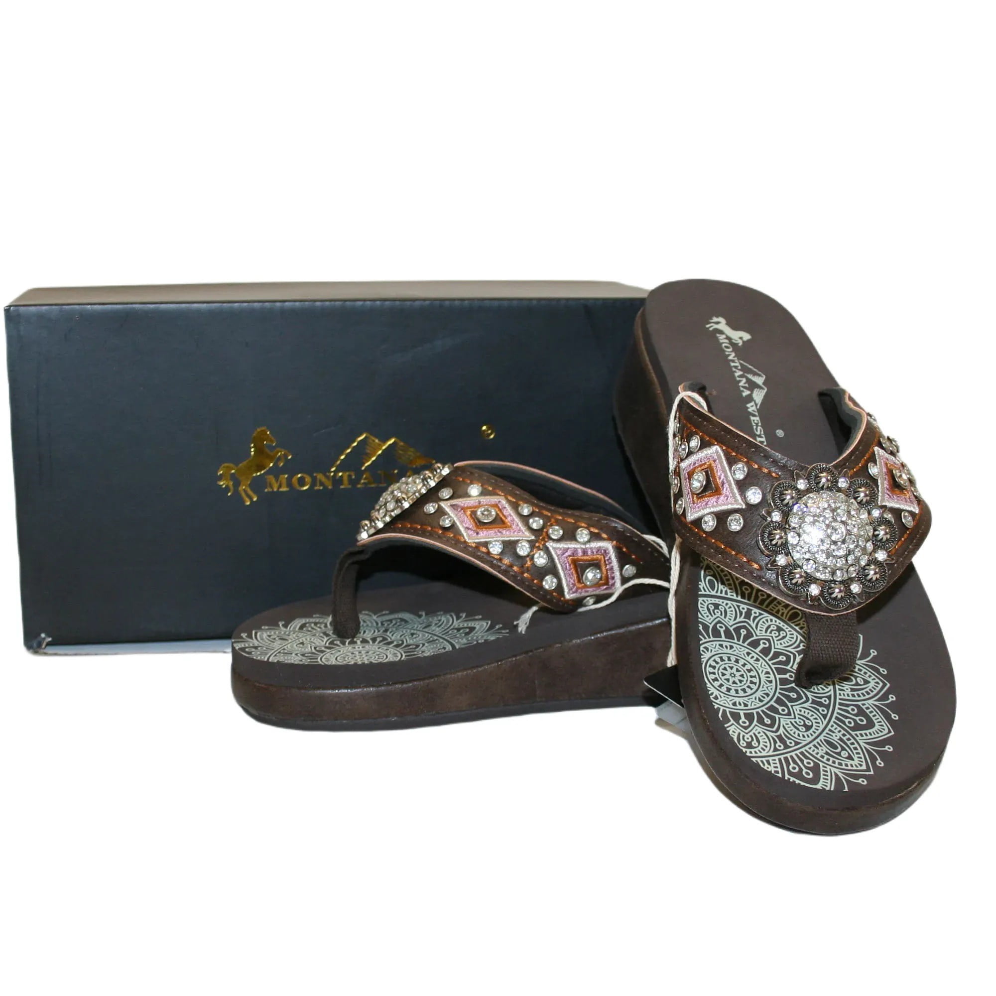 Montana West Women's Platform Flip Flops Pink/Brown & Rhinestone Conch