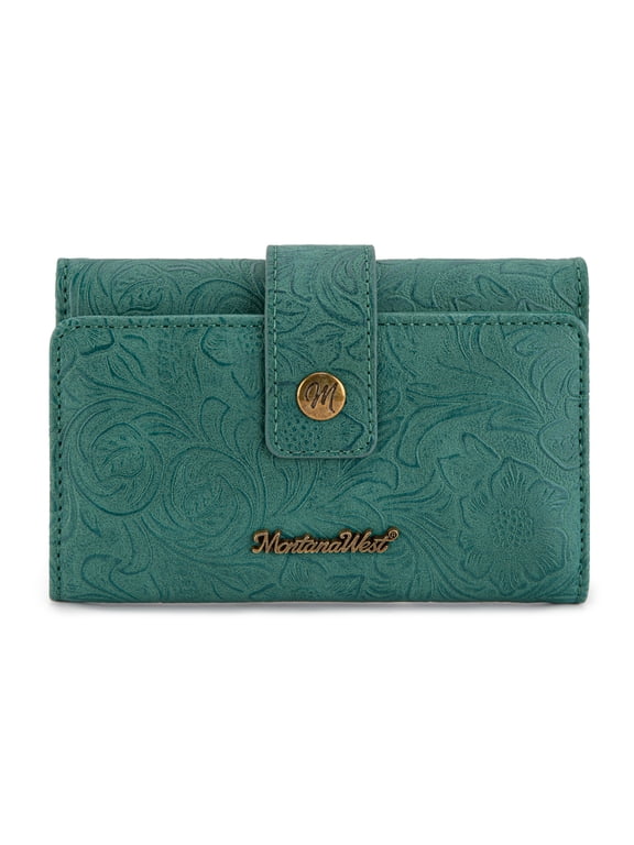 Women's Wallets RFID Embossed Floral Trifold Wallet, Turquoise