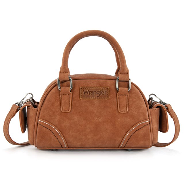 Wrangler Small Crossbody Purses for Women Boston Barrel Bag Mini Top Handle Bags with Crossbody Strap, Brown