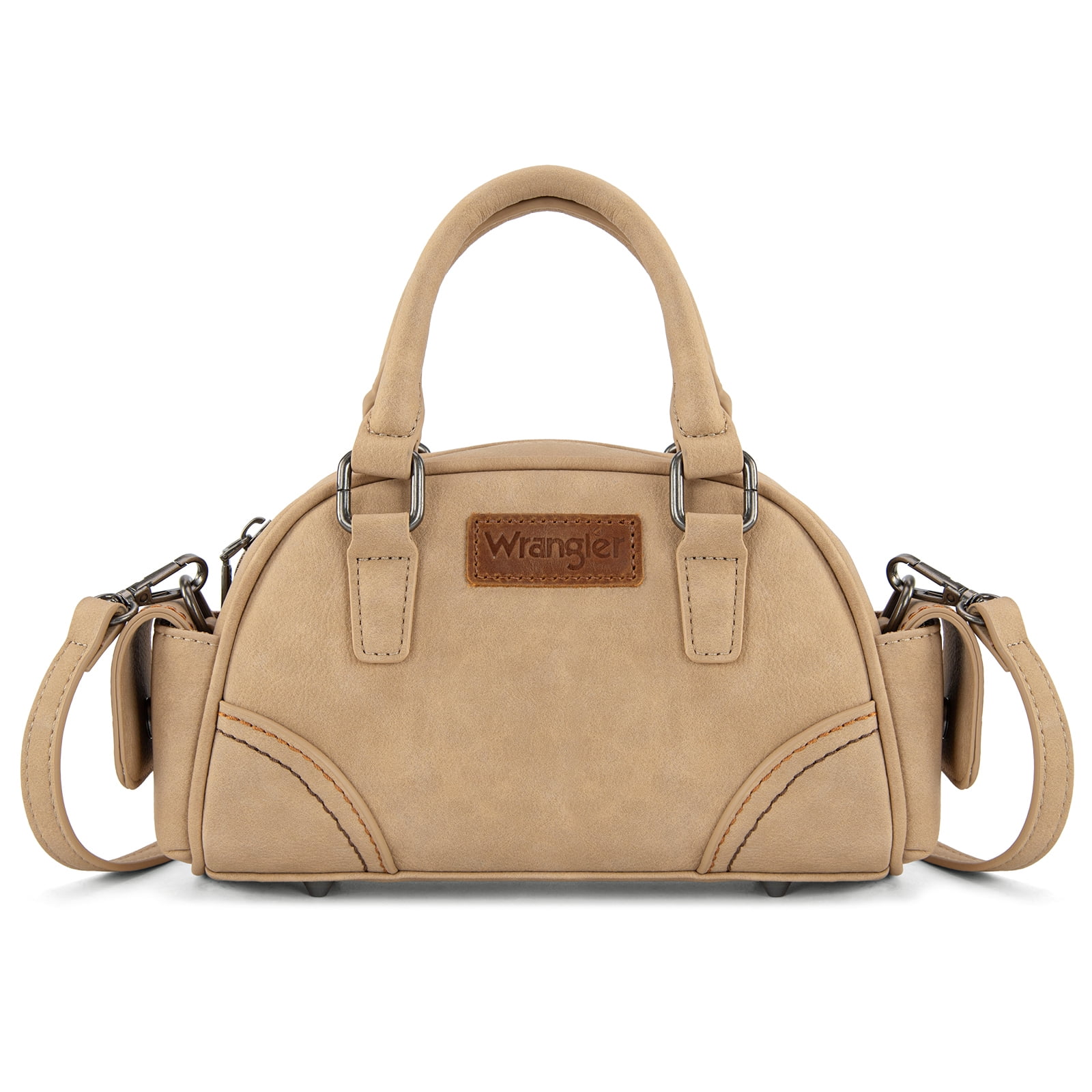 Wrangler Small Crossbody Purses for Women Boston Barrel Bag Mini Top Handle Bags with Crossbody Strap, Tan