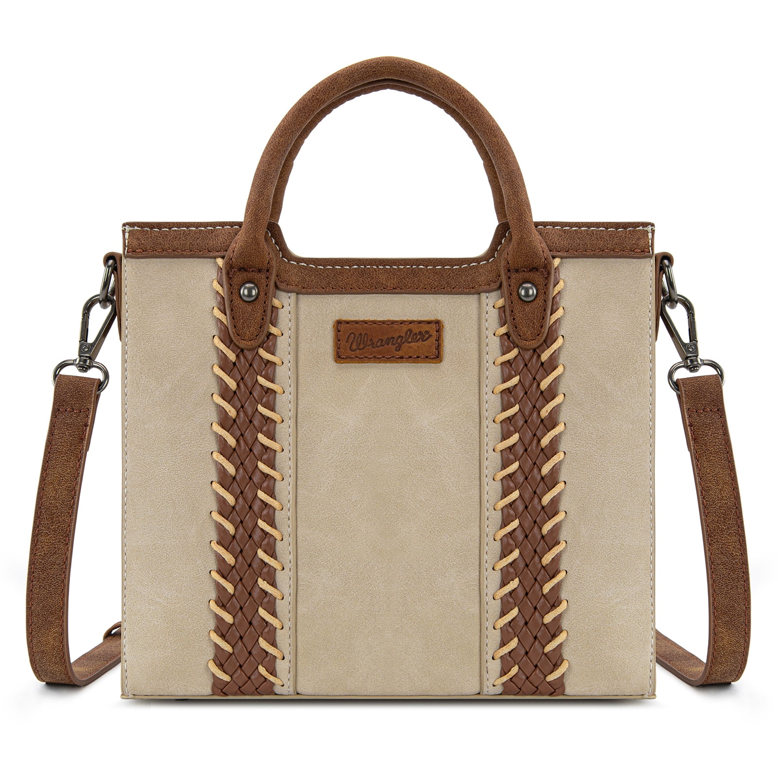 Wrangler Womens Braided Tote Bag Western Style Suede Top Handle Handbag With Detachable Crossbody Strap, Beige