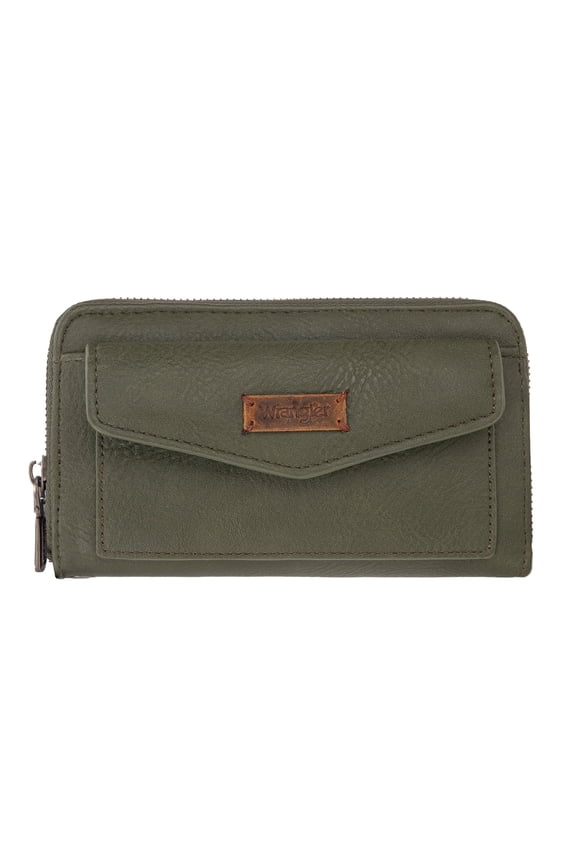 Wrangler Large Capacity Wallets Women with Wristlet and Metal Smooth Zipper, Green