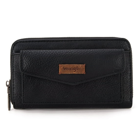 Wrangler Large Capacity Wallets Women with Wristlet and Metal Smooth Zipper, Black