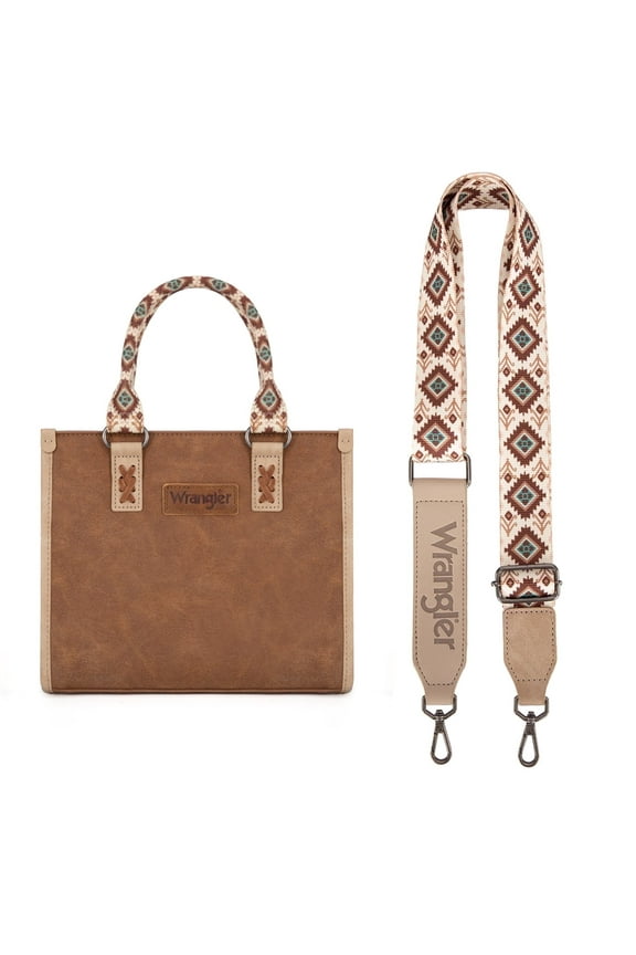Wrangler Tote Bag for Women Western Retro Purse Top Handle Handbags with Aztec Strap, Brown