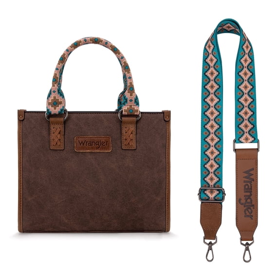 Wrangler Tote Bag for Women Western Retro Purse Top Handle Handbags with Aztec Strap, Coffee and Turquoise