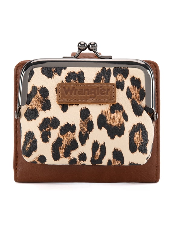 Wrangler Women's RFID-Blocking Leopard Print Wallet - Compact Bifold Credit Card Holder with Kiss Clasp, Leopard