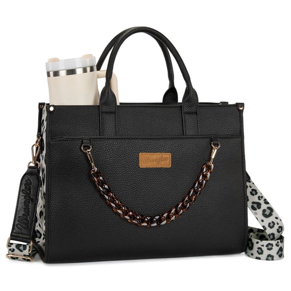 Wrangler Leopard Tote bag with Cup Holder Laptop Tote 15.6 Inch Work Bag, Plain Black
