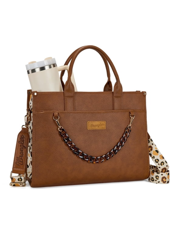 Wrangler Leopard Tote bag with Cup Holder Laptop Tote 15.6 Inch Work Bag, Plain Brown