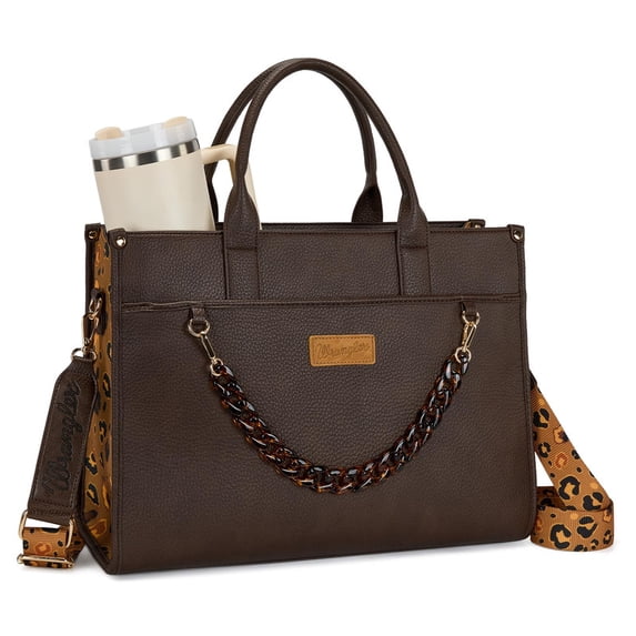 Wrangler Leopard Tote bag with Cup Holder Laptop Tote 15.6 Inch Work Bag, Plain Coffee