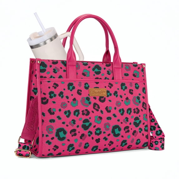 Wrangler Leopard Tote bag with Cup Holder Laptop Tote 15.6 Inch Work Bag, Leopard Hot Pink