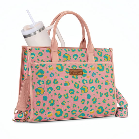 Wrangler Leopard Tote bag with Cup Holder Laptop Tote 15.6 Inch Work Bag, Leopard Pink
