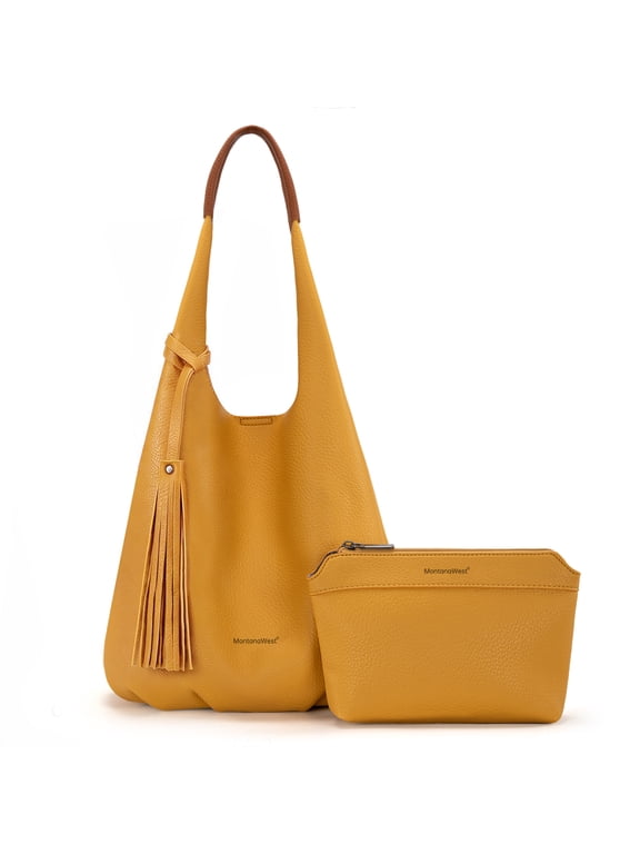 Slouchy Hobo Bags for Women 2PCS Tassels Handbags Shoulder Bag Set with Comestic Bag, Yellow