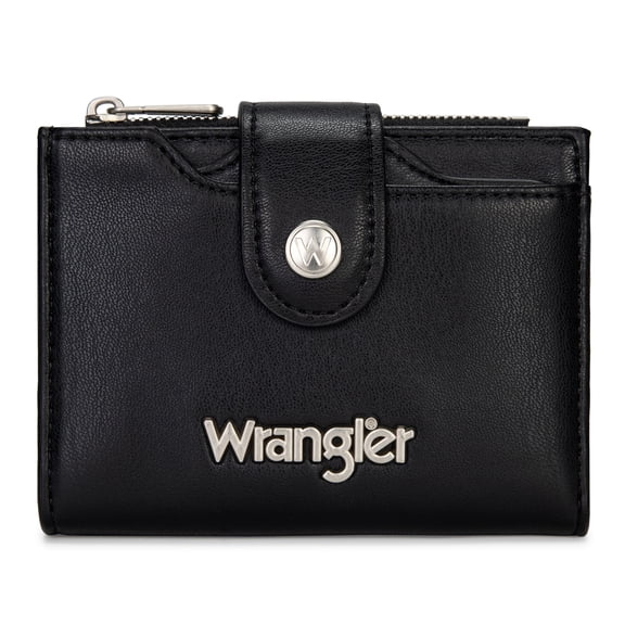 Wrangler Women Small Bifold Wallet RFID Blocking Card Purse with Zipper Coin Pocket, Black