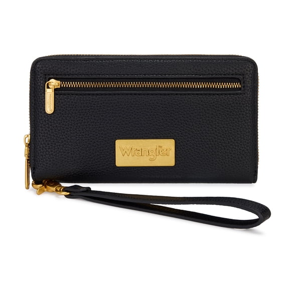 Wrangler Women's Wristlet Wallet Western RFID Blocking Zip‑Around Clutch Purse with Card Slots, Black