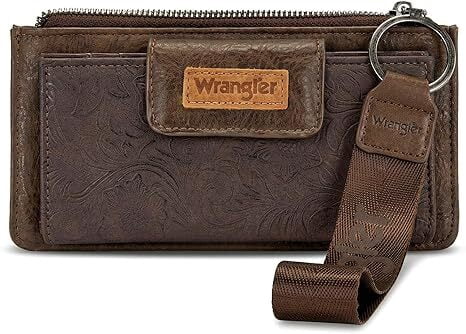 Wrangler Women’s Western Wallet - RFID Blocking Bifold Wristlet with Zipper Pocket and Elegant Tooling Design, Coffee